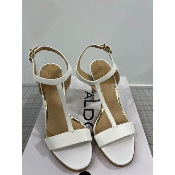 Aldo Women's Feltone-70 White Heeled Sandals Gold Accent Sz 7.5 With Box - Picture 2 of 9